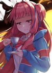  1girl bangs blunt_bangs bow bowtie cup eyebrows_visible_through_hair half-closed_eyes highres holding holding_cup holding_plate kotonoha_akane long_hair looking_at_viewer pink_hair plate red_bow red_bowtie red_eyes solo teacup tenneko_yuuri voiceroid 