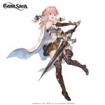  1girl armor blue_eyes braid breastplate cape character_request company_name copyright copyright_name fingerless_gloves full_body gloves gran_saga hair_ribbon highres holding holding_sword holding_weapon minj_kim official_art open_mouth pink_hair ribbon shorts simple_background solo sword tearing_up thigh-highs twin_braids weapon white_background 