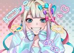  1girl ame-chan_(needy_girl_overdose) blue_bow blue_eyes blue_hair blue_jacket blush bow chouzetsusaikawa_tenshi-chan collarbone drill_hair eyelashes hair_bow hands_on_own_cheeks hands_on_own_face happy heart holographic_clothing jacket long_sleeves looking_at_viewer makeup mascara multicolored_hair needy_girl_overdose open_mouth pill pink_bow pink_hair purple_bow sidelocks smile solo syringe teeth twintails upper_body white_hair zsio_25 