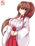  1girl alternate_costume brown_hair hair_ribbon hakama haori japanese_clothes kanon_(kurogane_knights) kantai_collection long_hair looking_at_viewer miko one-hour_drawing_challenge ponytail red_eyes red_hakama red_ribbon ribbon solo wide_sleeves yamato_(kancolle) 