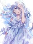  1girl blue_dress blue_eyes blue_ribbon collarbone detached_sleeves dress eyebrows_visible_through_hair hair_over_one_eye highres lips long_hair looking_at_viewer m_(neteitai10) original puffy_sleeves ribbon silver_hair simple_background solo white_background 