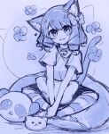  1girl animal_ears bell bow cat_ears cat_girl cat_tail commission eyebrows_visible_through_hair fang greyscale hair_bow looking_at_viewer monochrome neck_bell original parted_lips pon_fresh ringlets short_hair sitting sketch smile solo striped striped_legwear tail thigh-highs 