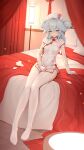  1girl absurdres bed bed_sheet bedroom blue_eyes breasts china_dress chinese_clothes chinese_new_year dress girls_frontline gloves hat highres indoors light_blue_hair long_hair on_bed pa-15_(girls&#039;_frontline) pillow short_dress short_sleeves sitting sitting_on_bed small_breasts thigh-highs two_side_up white_dress white_gloves white_headwear white_legwear wo_you_yibei_jia_wanli 
