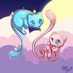  2others blue_skin clouds cloudy_sky colored_skin commentary english_commentary hylianruto looking_at_another mew multiple_others no_humans one_eye_closed pink_skin pokemon pokemon_(creature) sky sparkle tagme tail 