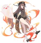  1girl arin_(1010_ssu) bangs black_footwear black_shorts brown_hair brown_headwear brown_shirt chinese_clothes closed_mouth fire full_body genshin_impact ghost highres hu_tao_(genshin_impact) long_hair long_sleeves looking_at_viewer red_eyes shirt shorts simple_background solo tongue tongue_out twintails white_background white_legwear 