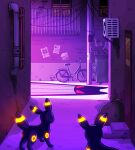  3others animal_ears bicycle commentary dark dog english_commentary gengar ghost ground_vehicle highres hylianruto multiple_others multiple_tails night no_humans outdoors pokemon red_eyes road street tagme tail trash_bag twitter_username umbreon youkai 
