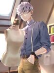  1boy belt black_belt black_hair blue_shirt brown_pants closed_mouth cowboy_shot cst earrings hand_in_pocket highres holding indoors jewelry looking_at_viewer male_focus mannequin mitsuya_takashi pants purple_hair shirt short_hair single_earring sleeves_rolled_up smile solo standing tape_measure tokyo_revengers undercut violet_eyes watch watch 