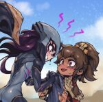  2girls angry ass black_bodysuit black_gloves blue_sky blush bodysuit brown_eyes brown_hair clenched_teeth detached_wings eye_contact gloves grey_bodysuit hair_ornament hands_up helmet kai&#039;sa league_of_legends long_hair long_sleeves looking_at_another multiple_girls open_mouth outdoors phantom_ix_row ponytail purple_hair shiny shiny_clothes sky sweat taliyah teeth two-tone_bodysuit wings 