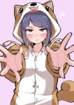  1girl absurdres animal_ears animal_hood asymmetrical_bangs audio_jack bangs blurry blurry_foreground blush boku_no_hero_academia brown_pajamas button_gap closed_mouth collarbone commentary depth_of_field dog_ears dog_pajamas dog_tail embarrassed fake_animal_ears furrowed_brow highres hood hood_up jirou_kyouka jitome long_earlobes midriff_peek pajamas partially_unbuttoned purple_background purple_hair reaching_out scribble shinonome_mozuku short_hair sidelocks simple_background solo spread_fingers tail tongue tongue_out upturned_eyes v-shaped_eyebrows violet_eyes wavy_mouth white_pajamas 