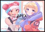  2girls apex_legends bangs beige_tank_top blonde_hair blue_bodysuit blue_eyes blue_gloves blue_headwear bodysuit character_name copyright_name dark-skinned_female dark_skin detached_sleeves double_bun gloves head_tilt headband headset heart highres hood hooded_jacket jacket lifeline_(apex_legends) looking_at_viewer mask mask_around_neck moro_tarou multiple_girls orange_jacket redhead ribbed_bodysuit smile wattson_(apex_legends) white_bodysuit white_headband 