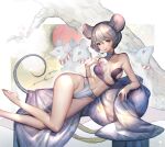  1girl animal_ears bangs breasts brown_eyes fundoshi hair_between_eyes hand_up highres hitowa japanese_clothes looking_at_viewer lying medium_breasts mouse_ears mouse_tail on_side open_mouth original rat short_hair silver_hair smile solo tail underwear wide_hips 