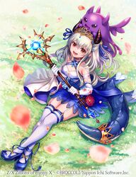  1girl blonde_hair blue_dress blue_footwear breasts crown dress elbow_gloves gloves highres long_hair looking_at_viewer official_art pondel shoes smile z/x 