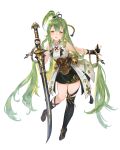  1girl absurdres asymmetrical_legwear bangs bell dress green_hair highres holding holding_sword holding_weapon long_hair looking_at_viewer minj_kim mismatched_legwear open_mouth orange_eyes original simple_background solo standing standing_on_one_leg sword thigh-highs tied_hair weapon white_background 