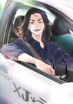  1boy absurdres baji_keisuke black_hair blue_shirt brown_eyes car collared_shirt cst dress_shirt glasses ground_vehicle highres holding holding_eyewear long_hair looking_at_viewer male_focus motor_vehicle open_mouth shirt sleeves_rolled_up smile solo tokyo_revengers upper_body 