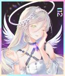  1girl absurdres flat_chest flower gem hair_between_eyes hair_flower hair_ornament halo hands_up highres looking_at_viewer minj_kim one_eye_closed open_mouth original platinum_blonde_hair ribbon smile solo upper_body wings wrist_ribbon yellow_eyes 