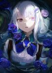  1girl bangs blue_bow blue_flower blue_rose blunt_bangs bow bowtie commentary_request flower heterochromia highres light_purple_eyes lize_helesta long_hair looking_at_viewer multicolored_hair nijisanji open_mouth petals pink_eyes purple_flower purple_rose rose shirt skyn_blue solo streaked_hair upper_body water white_hair white_shirt wing_collar 