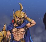  1boy abs armor beard blue_cape cape closed_eyes facial_hair flower flower_in_mouth gold_armor hand_up helm helmet holding holding_shield league_of_legends male_focus mouth_hold muscular muscular_male navel night night_sky pantheon_(league_of_legends) phantom_ix_row red_flower rose shield sky solo standing upper_body 