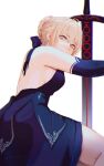  1girl artist_name artoria_pendragon_(fate) back backless_dress backless_outfit bare_shoulders blonde_hair bow braid crown_braid dress elbow_gloves excalibur_morgan_(fate) fate/grand_order fate_(series) from_below gloves hair_bow hair_bun highres looking_at_viewer pinlin saber_alter signature simple_background solo sword weapon white_background yellow_eyes 
