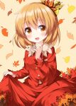  1girl aki_shizuha autumn_leaves blonde_hair blush buttons eyebrows_visible_through_hair hair_between_eyes hair_ornament highres leaf leaf_hair_ornament long_sleeves maple_leaf open_mouth red_skirt red_vest ruu_(tksymkw) short_hair skirt smile solo touhou vest yellow_eyes 