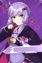  1girl ahoge blush collarbone eyebrows_visible_through_hair grin highres lips long_sleeves looking_at_viewer low_twintails medium_hair parted_lips purple_hair purple_nails smile solo teeth tenneko_yuuri twintails violet_eyes voiceroid yu-gi-oh! yuzuki_yukari 