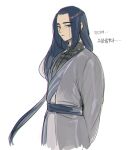  1boy chinese_clothes grey_ribbon long_hair low-tied_long_hair male_focus mandudaein simple_background solo the_legend_of_luo_xiaohei translation_request upper_body very_long_hair white_background wuxian_(the_legend_of_luoxiaohei) 