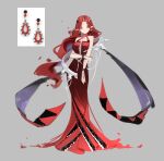  1girl chyoel closed_mouth dress earrings grey_background highres jewelry long_dress long_hair looking_at_viewer original pointy_ears red_dress red_eyes redhead simple_background solo very_long_hair wristband 
