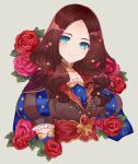  1girl bangs blue_eyes brown_hair capelet fate/grand_order fate_(series) flower forehead grey_background leonardo_da_vinci_(fate) long_hair looking_at_viewer parted_bangs puffy_short_sleeves puffy_sleeves red_flower red_rose rose short_sleeves simple_background smile solo sumifate symbol-only_commentary upper_body 