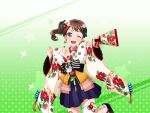 bang_dream! blush brown_hair kimono official_art short_hair smile toyama_kasumi violet_eyes wink