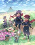  2boys 2girls adaman_(pokemon) akari_(pokemon) artist_name blonde_hair blue_hair blue_kimono blue_pants blue_sky cabbie_hat clouds cocoloco commentary_request cyndaquil dated day falling_petals floating_hair flower full_body grass grey_eyes hand_up hands_up hat head_scarf irida_(pokemon) japanese_clothes kimono long_hair looking_at_viewer mountain multiple_boys multiple_girls nature non-circular_lens_flare obi open_mouth oshawott pants petals pink_flower pokemon pokemon_(creature) pokemon_(game) pokemon_legends:_arceus ponytail red_headwear red_scarf rei_(pokemon) rowlet sash scarf scenery shoes short_hair sky smile starter_pokemon_trio sunlight twitter_username 
