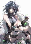  1girl arknights bangs bare_shoulders black_hair blue_eyes clear_(4ff44f) commentary grey_shirt hair_intakes highres infection_monitor_(arknights) knee_up la_pluma_(arknights) leg_strap looking_at_viewer parted_lips shirt short_hair sitting sleeveless sleeveless_shirt solo thigh_strap thighs vial 