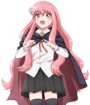  1girl :d black_cape black_legwear black_skirt blush cape collared_shirt eyebrows_visible_through_hair highres kam_ezmr long_hair looking_at_viewer louise_francoise_le_blanc_de_la_valliere open_mouth pink_eyes pink_hair pleated_skirt red_ribbon ribbon shirt simple_background skirt smile thigh-highs thighs very_long_hair wand white_background zero_no_tsukaima 
