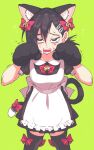  1girl animal_ear_fluff animal_ears animal_hands apron asymmetrical_bangs bangs bell black_dress black_eyes black_hair black_legwear bow bow_legwear bowtie breasts bright_pupils cat_ears cat_paws cat_tail chainsaw_man commentary crying dress english_commentary fake_animal_ears fangs feet_out_of_frame flying_sweatdrops frilled_apron frills furrowed_brow green_background hair_between_eyes hair_bow hair_ornament hairclip hands_up higashiyama_kobeni highres inkerton-kun jingle_bell long_hair looking_at_viewer maid mole_on_cheek open_mouth red_bow red_bowtie short_dress short_sleeves simple_background small_breasts solo sweat tail tail_bow tail_ornament teeth thigh-highs trembling upper_teeth white_apron white_pupils zettai_ryouiki 