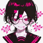  +_+ 1girl bangs black_hair blood blush bruise closed_mouth commentary glasses hair_between_eyes highres injury looking_at_viewer original pink_eyes pink_theme portrait sailor_collar short_hair sidelocks sion001250 smile solo symbol-only_commentary 