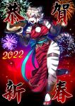  1girl aerial_fireworks akeome animal_ears blue_eyes breasts china_dress chinese_clothes chinese_zodiac colored_skin detached_sleeves dress ery_fur fangs fireworks full_body furry furry_female g green_eyes grey_skin hands_up happy_new_year high_heels highres holding large_breasts long_sleeves looking_at_viewer new_year one_eye_closed open_mouth original red_dress red_footwear ryuusei_(mark_ii) shoes short_hair solo standing standing_on_one_leg tail tiger tiger_ears tiger_tail tongue tongue_out white_hair year_of_the_tiger 