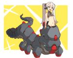  1girl :d android bare_shoulders blue_eyes breasts centauroid externally_piloted_mecha full_body grey_hair long_hair mecha monster_girl navel open_mouth original robot_ears sharp_teeth small_breasts smile solo taur teeth twintails under_boob vins-mousseux 