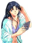  1990s_(style) 1girl adjusting_headphones blue_eyes blue_hair bra cd_case fujiwara_aya headphones holding long_hair navel non-web_source official_art open_clothes open_mouth open_shirt purple_bra retro_artstyle simple_background solo super_real_mahjong unbuttoned unbuttoned_shirt underwear white_background 