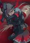  1girl absurdres apex_legends assault_rifle black_jacket black_pants bloodhound_(apex_legends) bloodhound_(apex_legends)_(cosplay) brown_hair cosplay floating_hair gradient gradient_jacket gun helmet heterochromia highres holding holding_gun holding_weapon hoshikawa_sara jacket knee_pads licking_lips long_hair looking_to_the_side nijisanji pants ponytail r-301_carbine red_eyes red_jacket rifle smile solo tokino_vino tongue tongue_out very_long_hair virtual_youtuber weapon yellow_eyes 