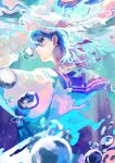  1other bangs black_eyes blue_hair blurry blurry_foreground bubble character_request commentary_request depth_of_field hair_between_eyes highres looking_at_viewer looking_back parted_lips sailor_collar school_uniform shirt short_hair sideways_glance sion001250 solo standing underwater upper_body water white_shirt 