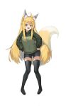  1girl absurdres ahoge animal_ear_fluff animal_ears black_legwear blonde_hair blue_eyes blush character_request commentary_request copyright_request eyebrows_visible_through_hair fluf.p fox_ears fox_girl fox_tail green_jacket highres jacket long_hair looking_at_viewer open_mouth shorts simple_background smile solo standing tail thigh-highs tooth very_long_hair white_background zettai_ryouiki 