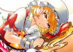 ascot blonde_hair bow crystal fang flandre_scarlet frilled_shirt_collar frilled_sleeves frills hat hat_ribbon highres medium_hair mob_cap one_side_up puffy_short_sleeves puffy_sleeves qqqrinkappp red_bow red_eyes red_ribbon red_vest ribbon shirt short_sleeves touhou traditional_media vest white_shirt wings 