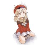  1girl blonde_hair cabbie_hat dress full_body genshin_impact gloves hat hat_feather highres klee_(genshin_impact) long_sleeves low_twintails pointy_ears red_dress red_eyes red_headwear simple_background sitting smile socks twintails wariza white_background white_legwear 
