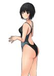  1girl absurdres amagami ass black_eyes black_hair black_swimsuit bob_cut breasts commentary_request competition_swimsuit cowboy_shot from_behind highres looking_at_viewer medium_breasts nanasaki_ai one-piece_swimsuit own_hands_together short_hair smile solo standing swimsuit ykh1028 