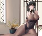  1girl absurdres azur_lane bare_shoulders black_dress black_flower black_gloves black_hair black_legwear breasts commentary_request covered_navel dress elbow_gloves floral_print flower gloves hair_flower hair_ornament highres indoors large_breasts larger_bmx leaning_to_the_side looking_at_viewer pantyhose parted_lips pelvic_curtain plant potted_plant print_dress see-through sitting sleeveless sleeveless_dress solo taut_clothes violet_eyes zhenhai_(azur_lane) 