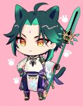  1boy animal_ears arm_tattoo bangs bead_necklace beads black_hair cat_ears chibi closed_mouth genshin_impact gloves green_hair highres holding jewelry kisaki030p kisekisaki long_hair male_focus multicolored_hair multiple_boys necklace pink_background simple_background solo tassel tattoo xiao_(genshin_impact) yellow_eyes 