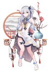  1girl absurdres bangs bare_shoulders black_gloves bronya_zaychik china_dress chinese_clothes closed_mouth dress drill_hair earrings full_body gloves grey_eyes grey_hair headband highres honkai_(series) honkai_impact_3rd jewelry long_hair looking_at_viewer plant qingxiao_kiyokiyo simple_background single_earring sitting sleeveless sleeveless_dress smile solo twin_drills vase white_background white_dress white_footwear window 