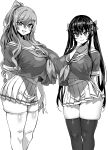  2girls asanagi breasts fang greyscale grin hair_ribbon highres huge_breasts monochrome multiple_girls original ponytail ribbon school_uniform skindentation smile thick_thighs thigh-highs thighs twintails white_background 