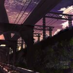  arch artist_name clouds commentary_request dated gradient_sky grass highres no_humans original outdoors overhead_line purple_sky railroad_tracks scenery signature sky sunset twitter_username waisshu_(sougyokyuu) watermark 