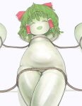  1girl arms_behind_head bangs bow closed_eyes commentary_request cookie_(touhou) eyebrows_visible_through_hair facing_viewer feet_out_of_frame gesuto_(nicoseiga78479089) green_hair hair_bow hair_tubes lying medium_hair open_mouth red_bow reu_(cookie) reu_daikon rope shadow smile solo thick_thighs thighs 