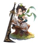  1boy absurdres aqua_eyes baggy_pants bandages bandaid bandaid_on_face black_gloves black_hair flip-flops frog gloves highres holding holding_sword holding_weapon knee_up looking_at_viewer minj_kim original pants pointy_ears sandals scarf sitting solo sword tank_top v-shaped_eyebrows weapon 