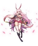  1girl absurdres animal_ears bangs boots breasts cherry_blossoms cross-laced_footwear fingerless_gloves fox_ears fox_mask full_body gloves hellk111 highres honkai_(series) honkai_impact_3rd japanese_clothes katana knee_boots lace-up_boots large_breasts long_hair looking_at_viewer mask miko panties pink_hair pink_skirt purple_footwear skirt sword thick_thighs thigh-highs thighs underwear violet_eyes weapon white_background white_legwear white_panties yae_sakura yae_sakura_(gyakushinn_miko) 